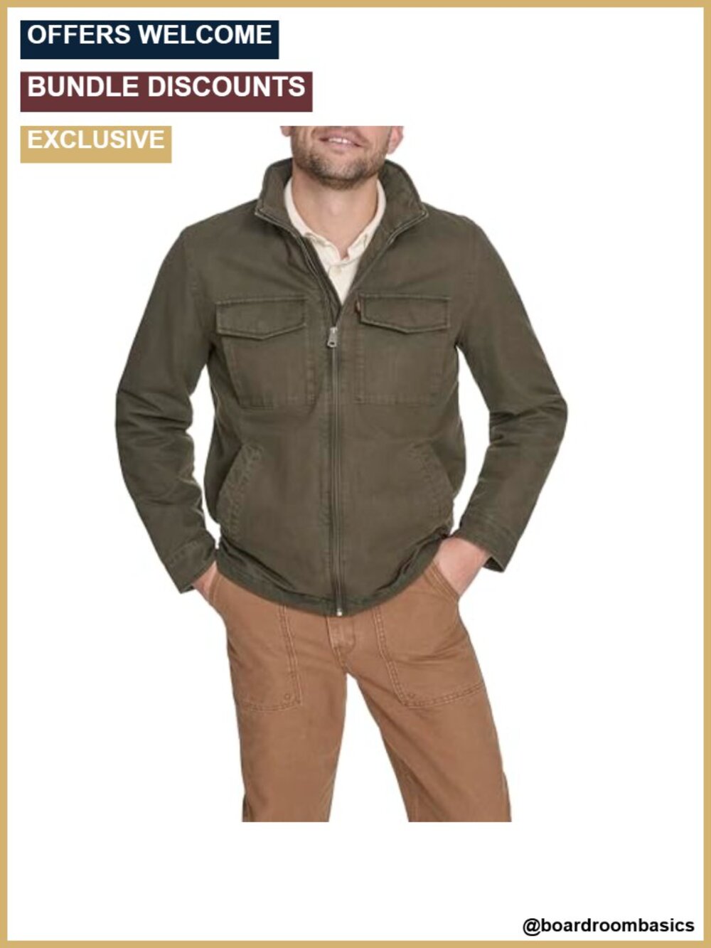 Levi's Men's Stand Collar Cotton Military Jacket with Hidden Hood